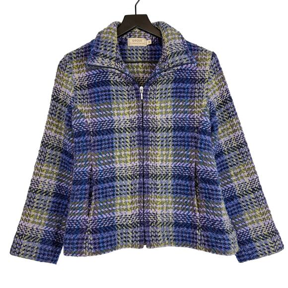 Weave of the Irish Wool Alpaca Blend Knit Jacket Plaid Blue Purple - Size S - Picture 1 of 9